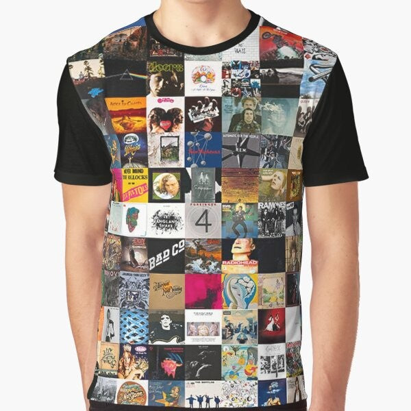 Collage of classic rock album covers on a graphic t-shirt