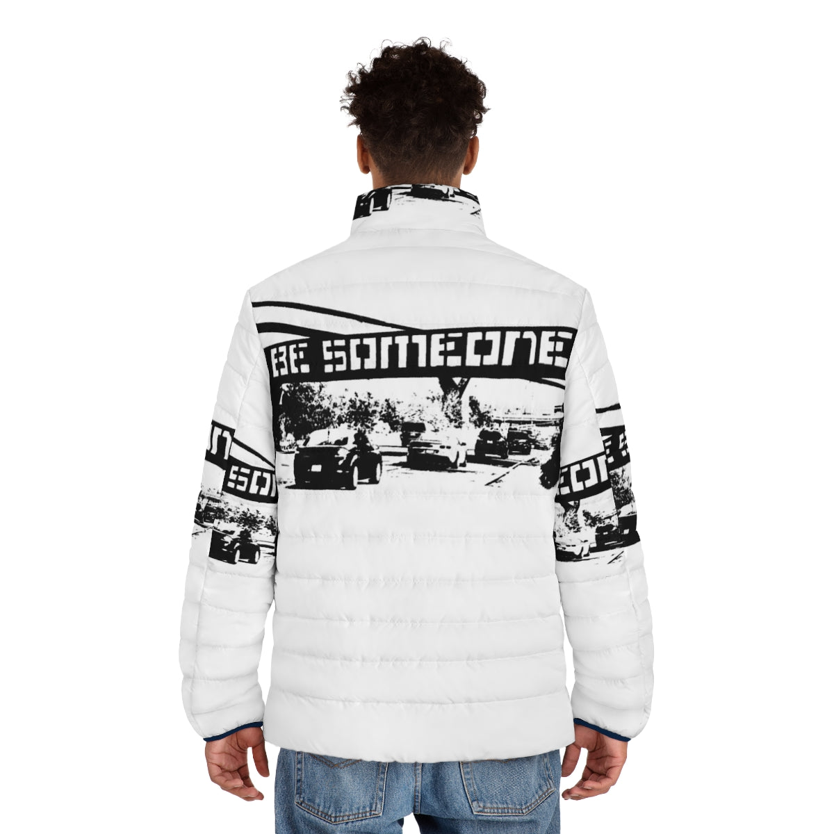 Puffer jacket with "Be Someone" graffiti-inspired design in black and white - men back