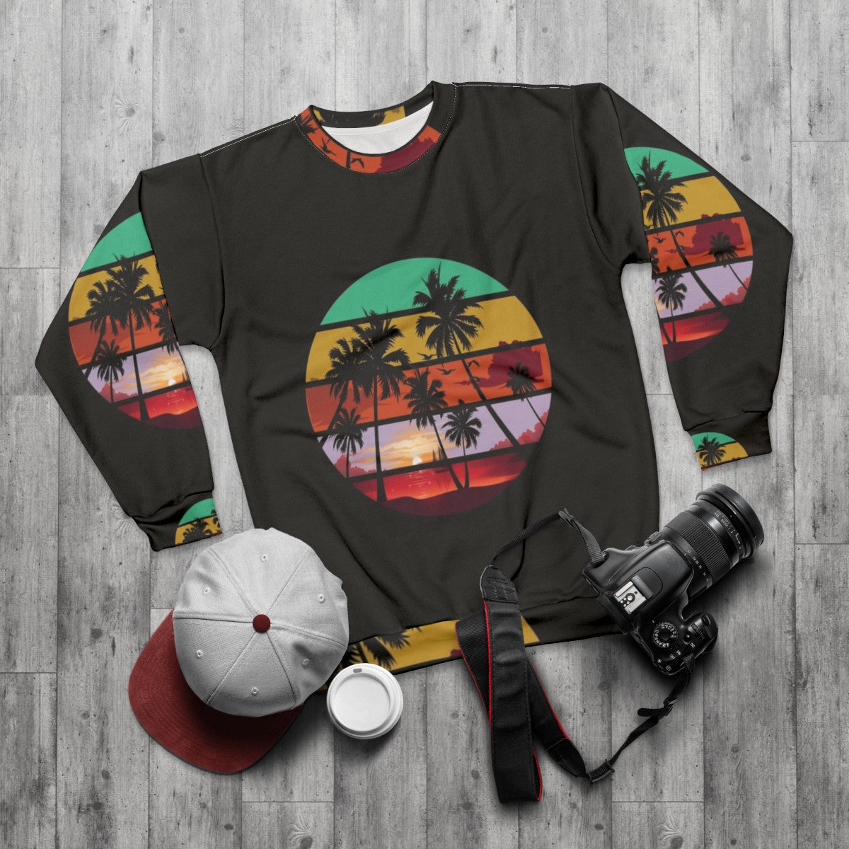 Nature landscape river palm tree sunset view sweatshirt - flat lay