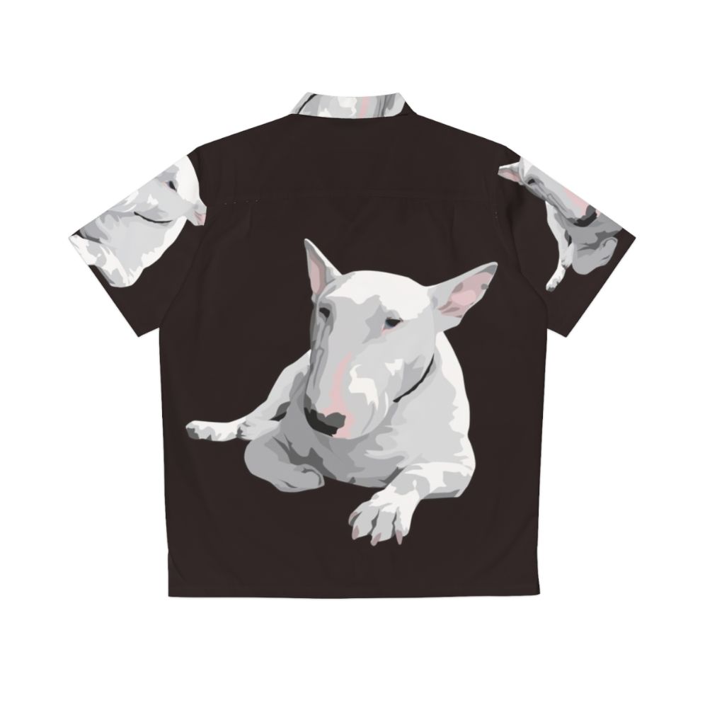 English Bull Terrier wearing a colorful Hawaiian shirt - Back