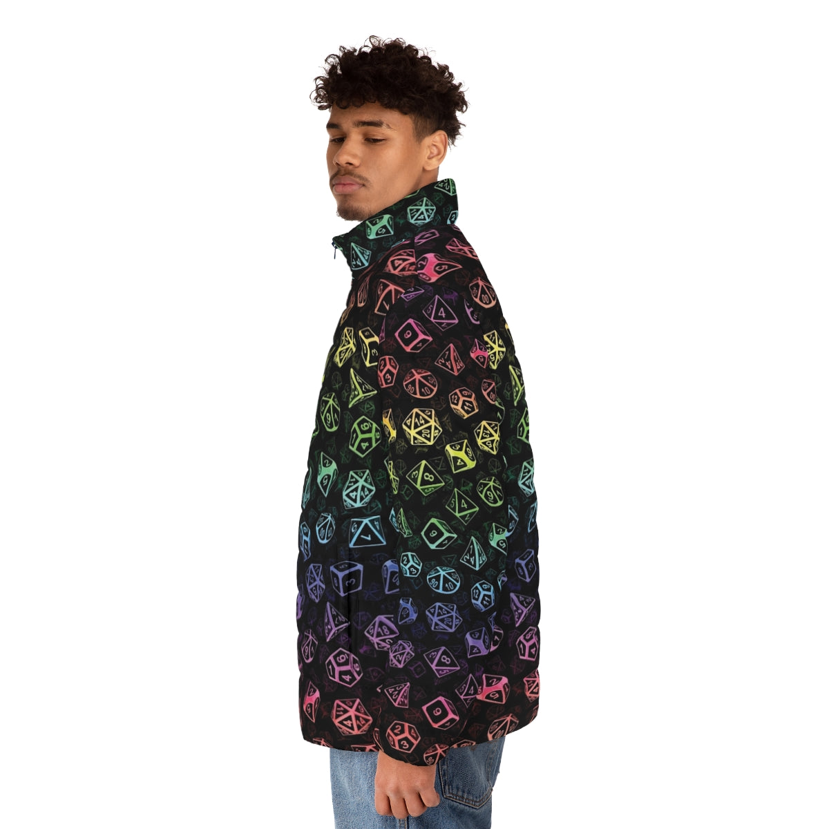 Rainbow-colored d20 dice pattern puffer jacket for tabletop RPG fans - men side left