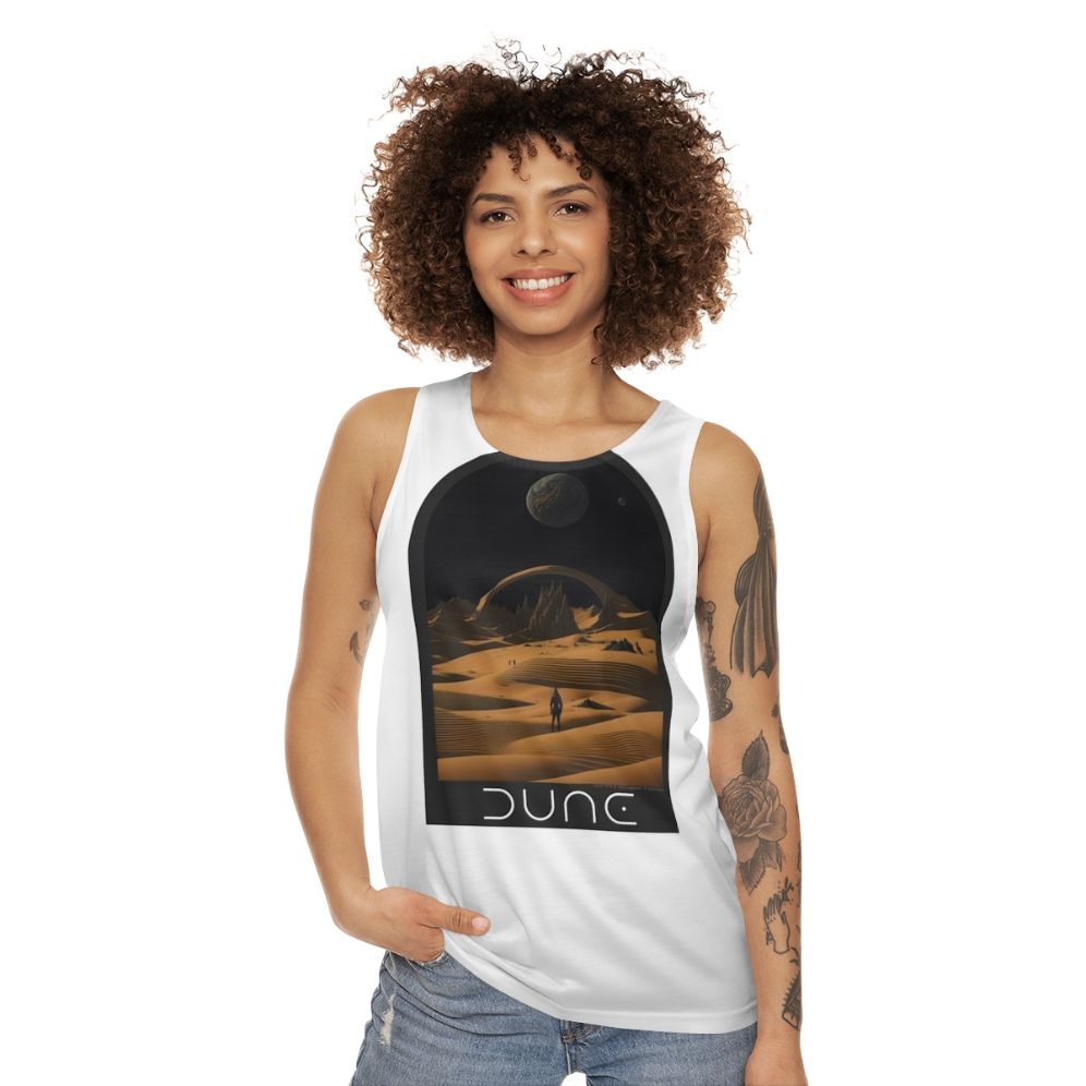 Dune-inspired unisex tank top with desert landscape design - women