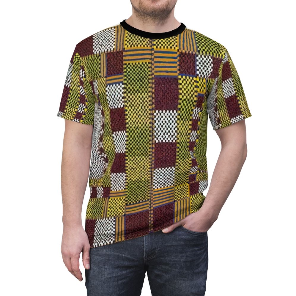 Abstract geometric t-shirt design inspired by the colorful and symbolic artwork of Alfred Jensen - men front