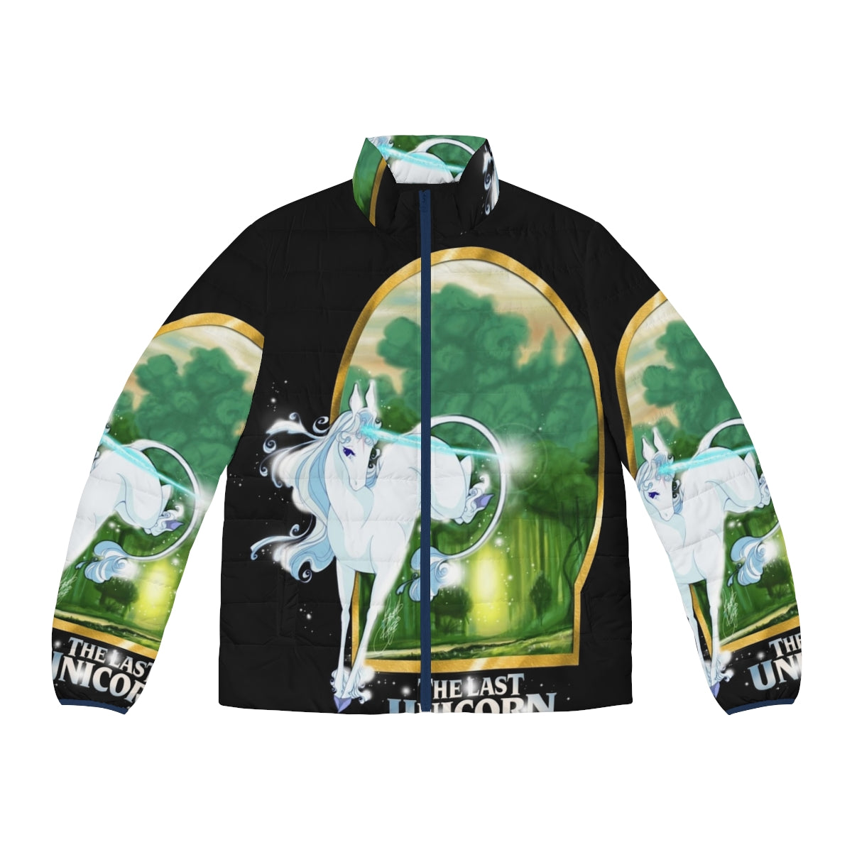 "The Last Unicorn" themed puffer jacket featuring a unicorn design