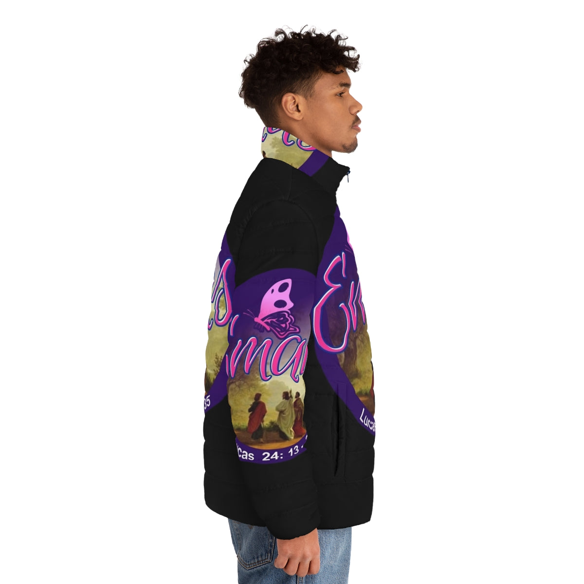 Emmaus Jesus Christ Is Risen Puffer Jacket featuring a design commemorating the resurrection of Christ - men side right