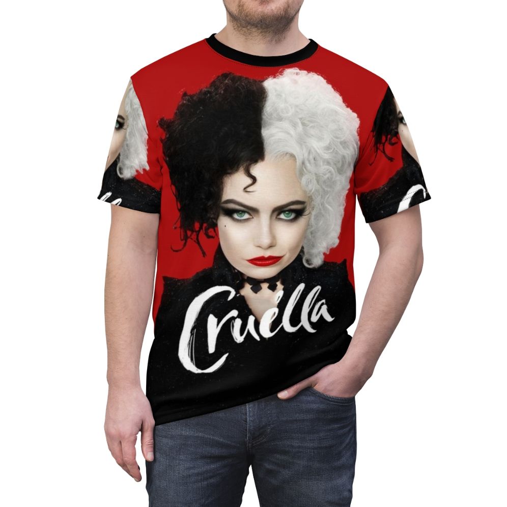 Stylized Cruella de Vil inspired art print T-shirt design - men front