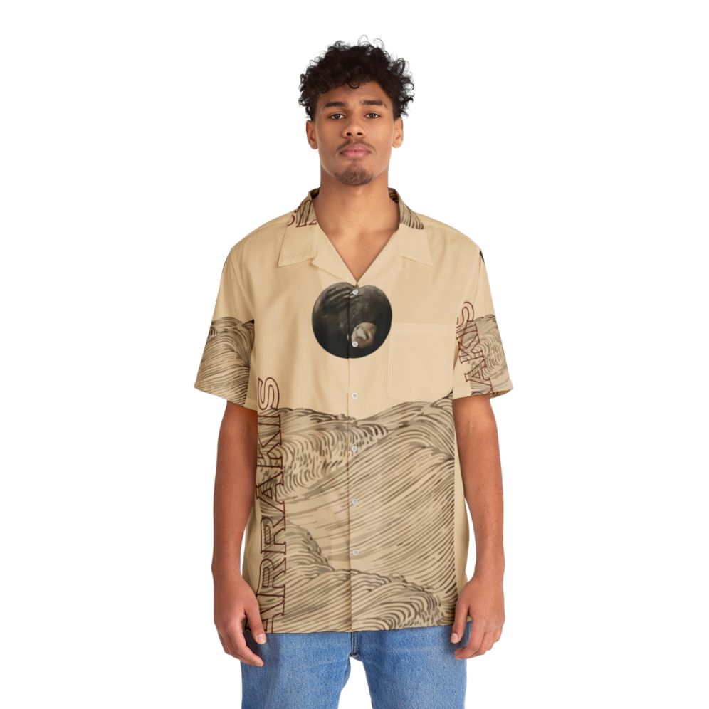 Dune-inspired Hawaiian shirt with desert landscape and Dune fan art elements - People Front