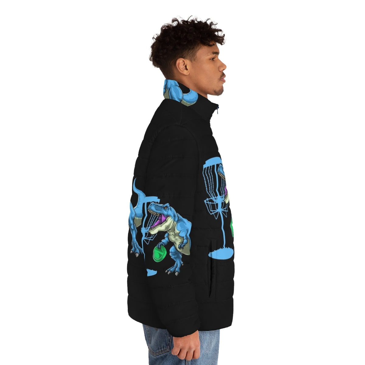 Dinosaur disc golf puffer jacket with t-rex design for disc golfers - men side right