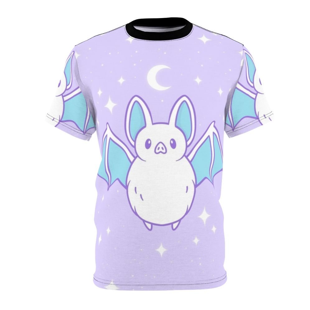 Pastel-colored bat graphic on a comfortable, high-quality t-shirt for fans of gothic, witchy, and autumn-inspired fashion.