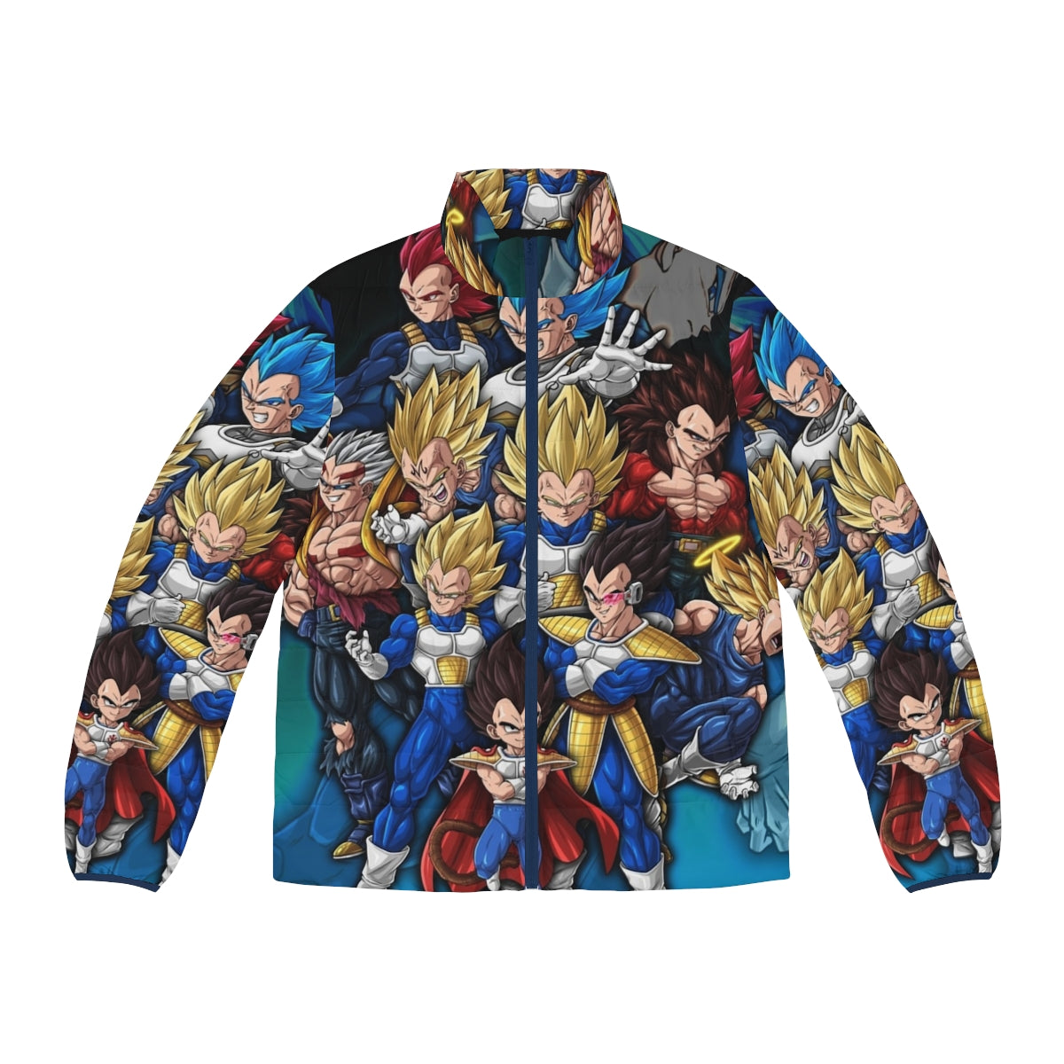 Prince Vegeta Puffer Jacket featuring digital art design of the iconic Dragon Ball Z character