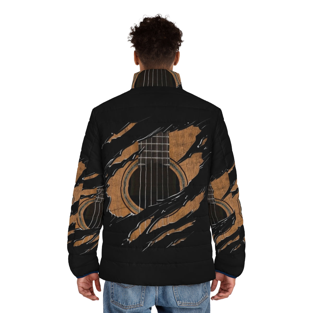 Rip Guitar Version 1 Puffer Jacket featuring a guitar graphic design - men back