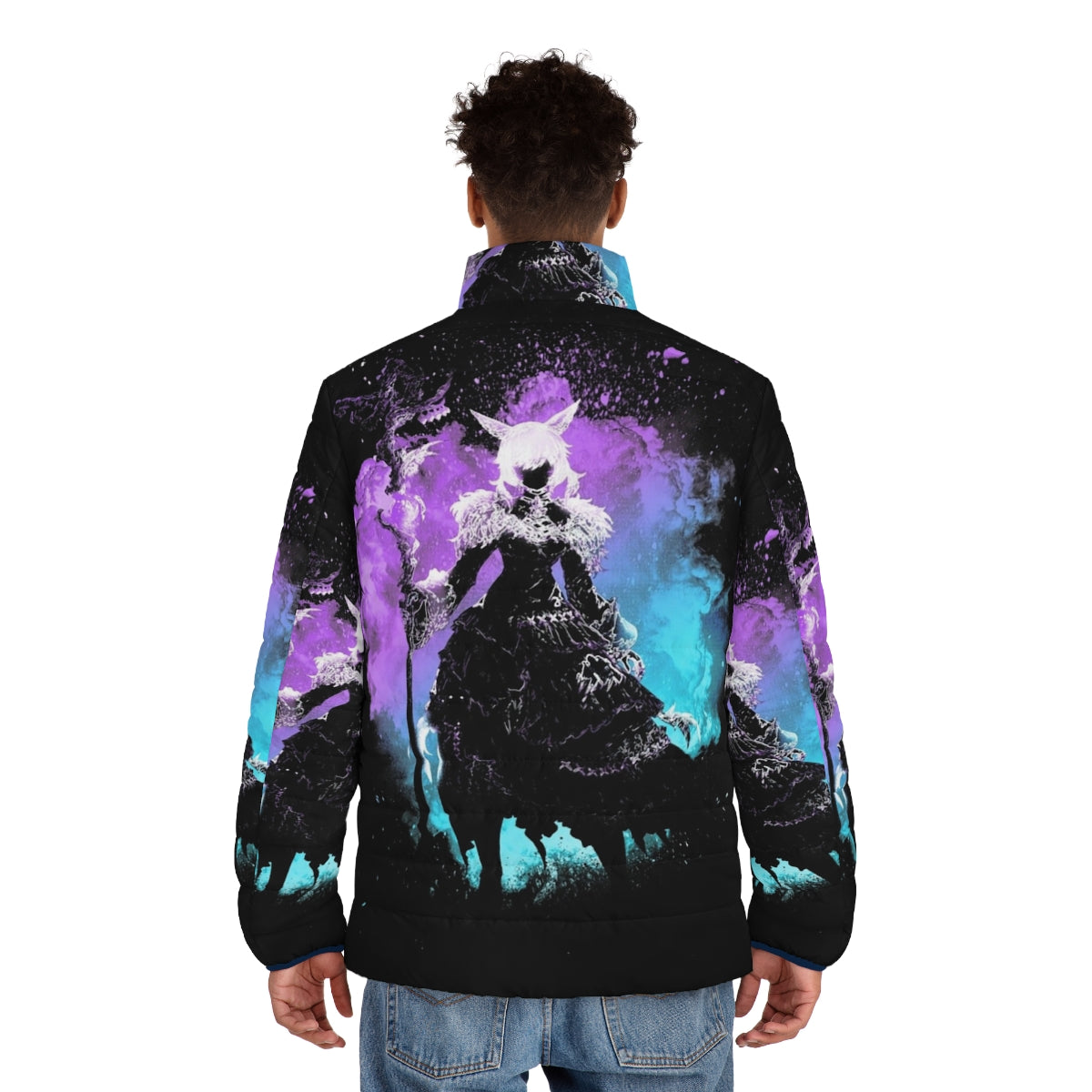 Model wearing the Soul of the Sorceress Puffer Jacket, a fantasy-inspired puffer jacket for gaming and geek enthusiasts - men back