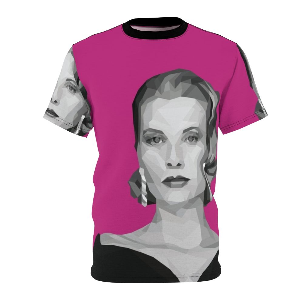 Geometric art pink poly t-shirt design inspired by the elegance and style of classic movie icon Grace Kelly