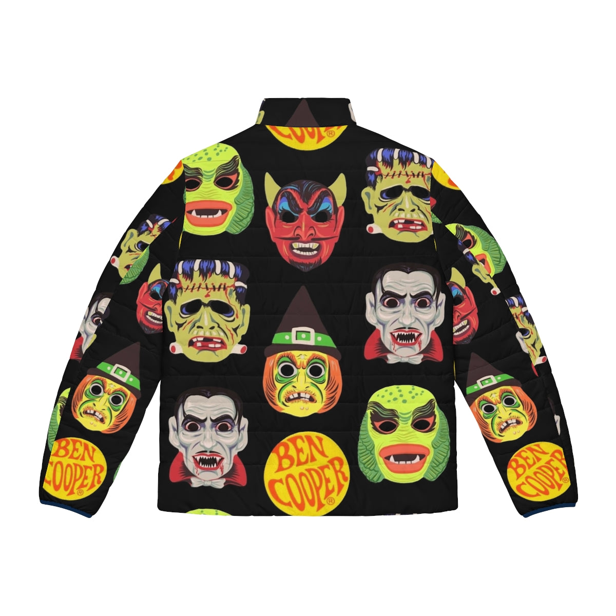 Vintage Halloween Masks Puffer Jacket featuring classic Universal Monsters - Back