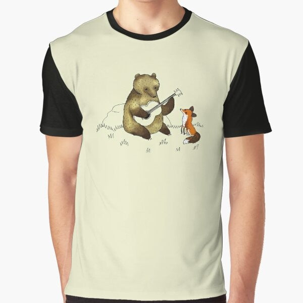 Cute illustration of a bear and a fox playing guitar in the woods