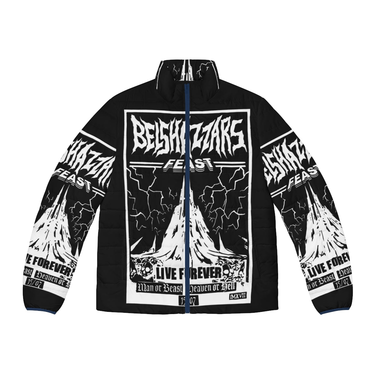 Belshazzar's Feast Puffer Jacket featuring the iconic writing on the wall design