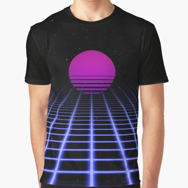 80s sunset aesthetic graphic t-shirt featuring a glowing grid and vapor wave design