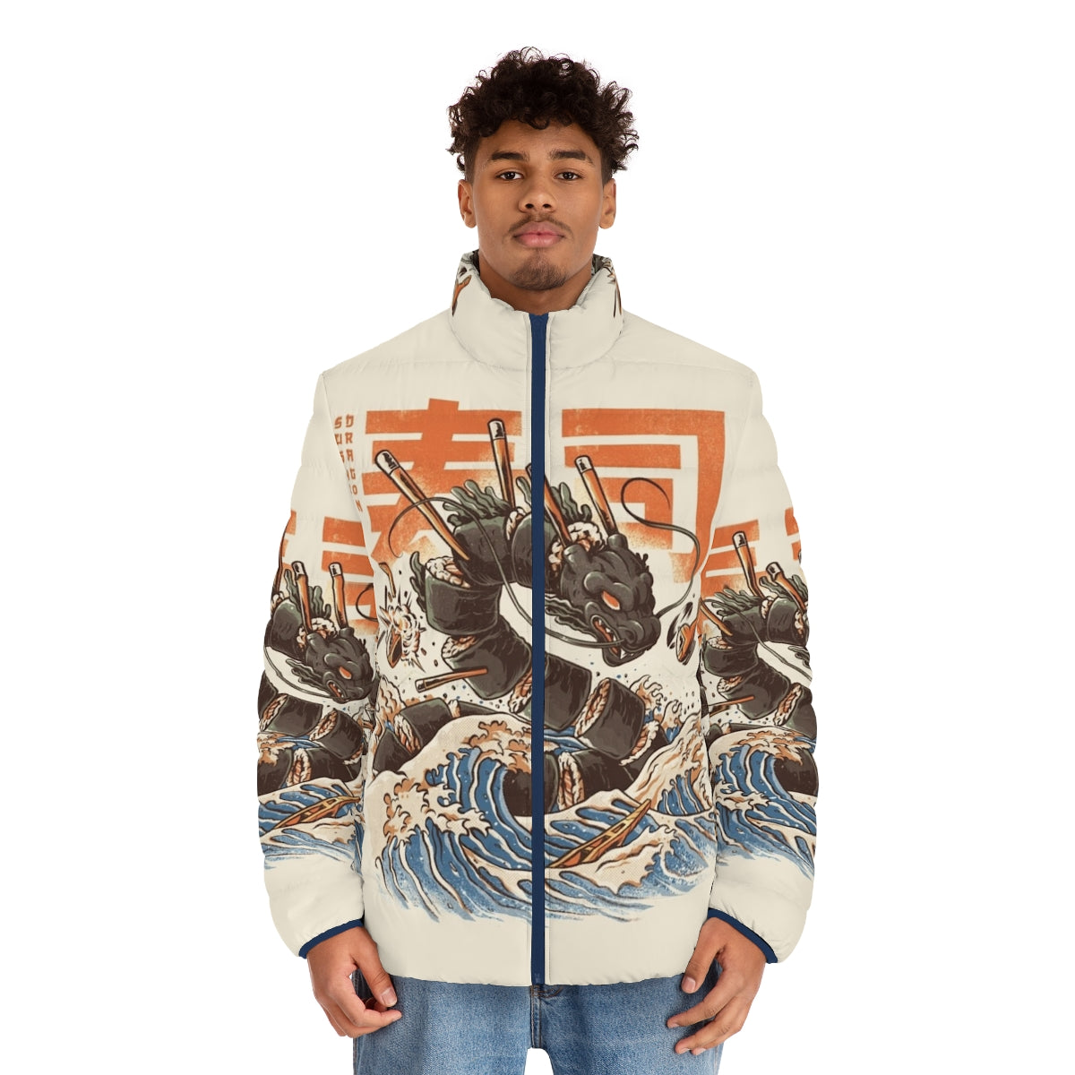 Vibrant puffer jacket featuring a fierce sushi dragon illustration in an anime-inspired, retro style - men front