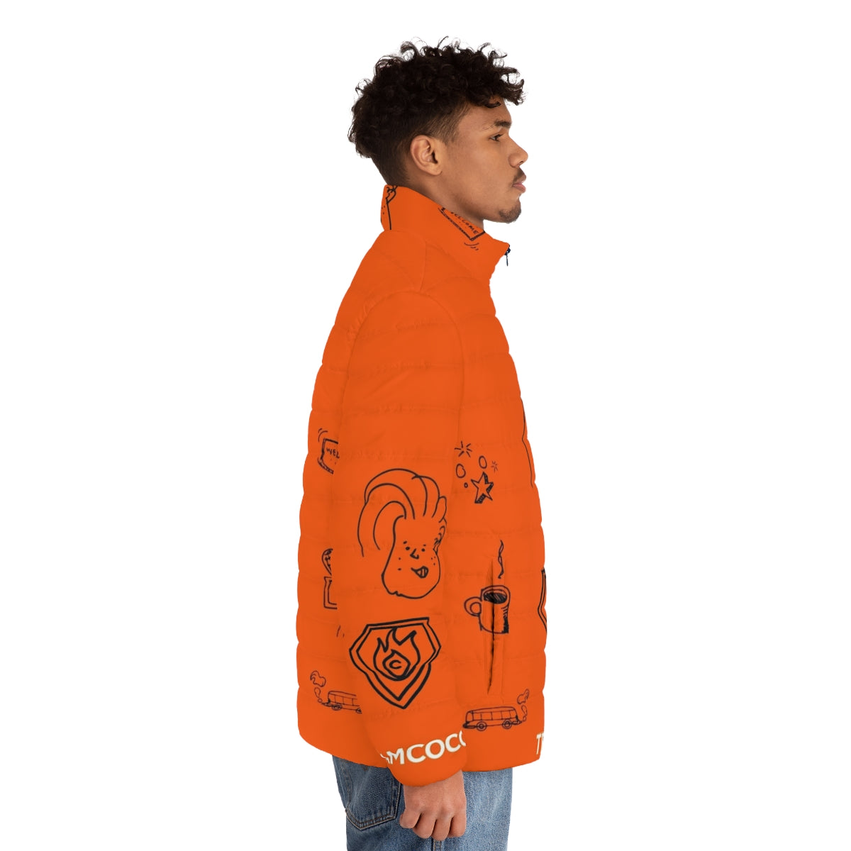 Team Coco Doodle World Puffer Jacket featuring Conan O'Brien's iconic brand - men side right