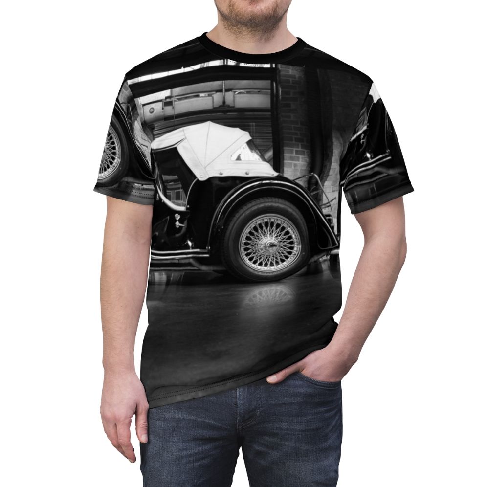 Charcoal drawing of a classic 1966 Morgan Plus 8 sports car on a retro t-shirt - men front