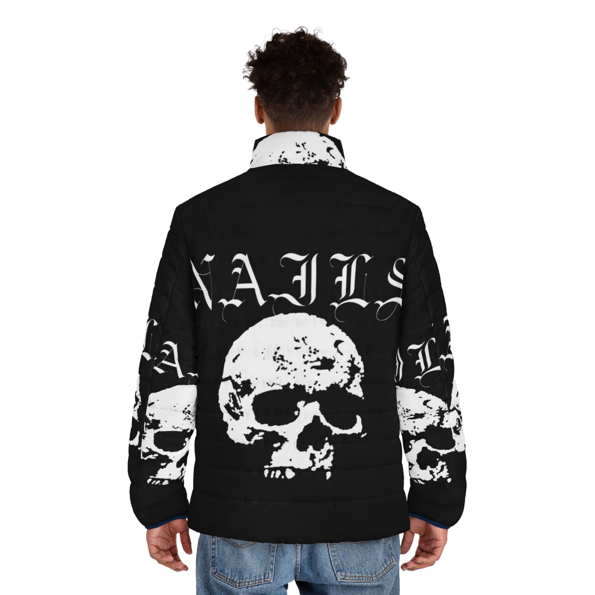 Nails hardcore punk band white puffer jacket featuring skull and edgy design - men back