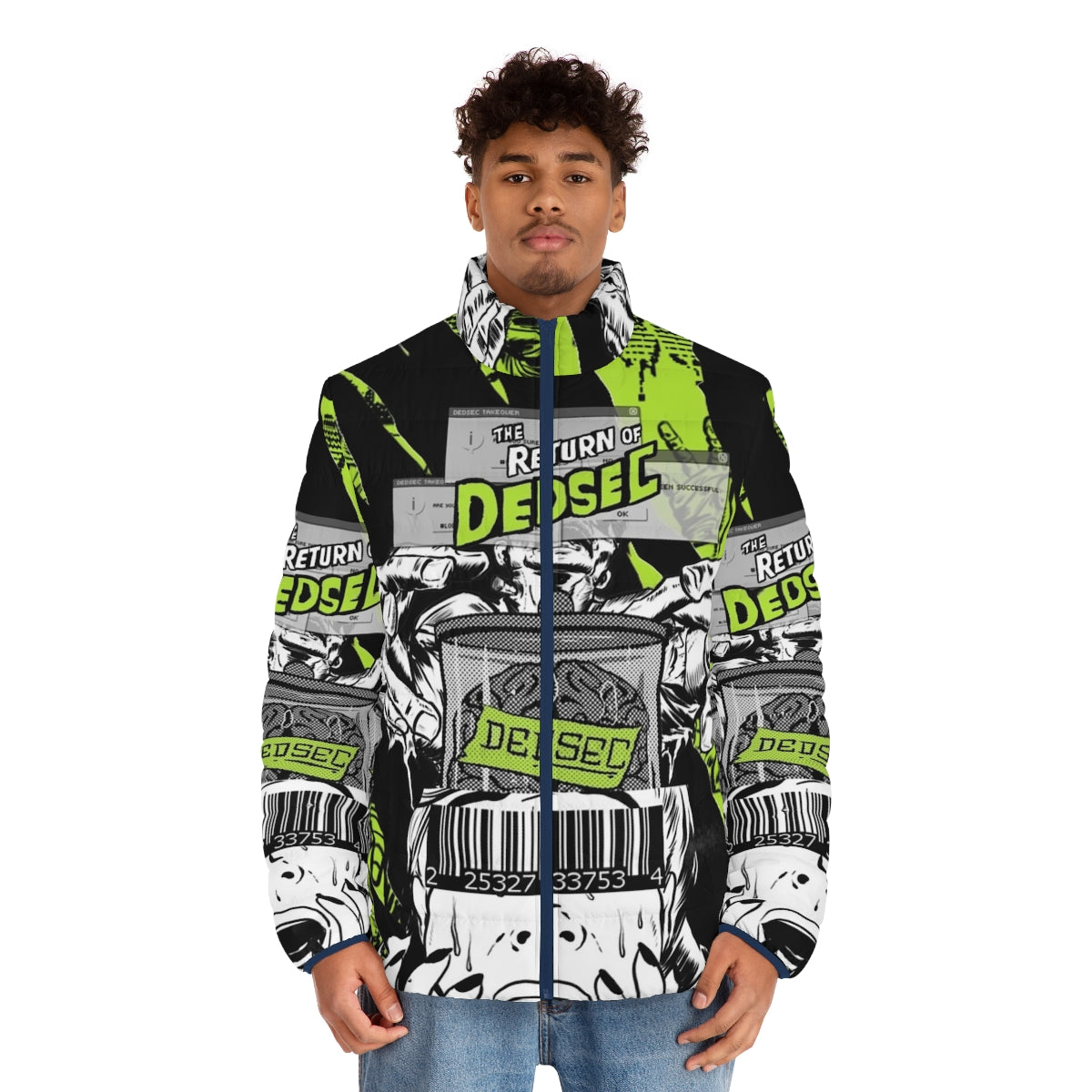 Dedsec logo printed puffer jacket with video game inspired pop art design - men front