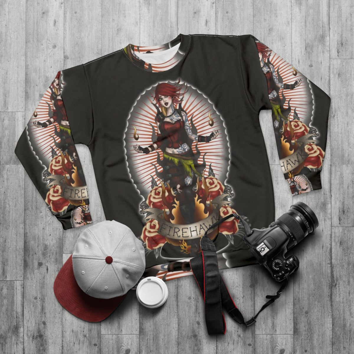 Firehawk Borderlands Sweatshirt with Lilith and Miss Cherry Martini Fanart Design - flat lay