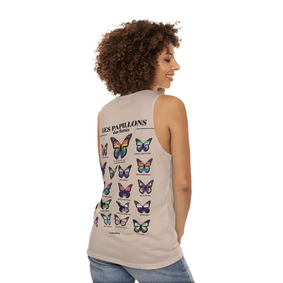 Unisex tank top with a butterfly design for LGBTQ+ pride - women back