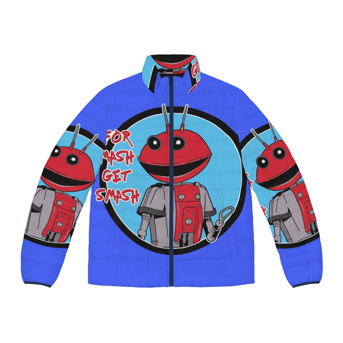 "For Mash Get Smash" 80s Retro Puffer Jacket with Robot and Alien Design