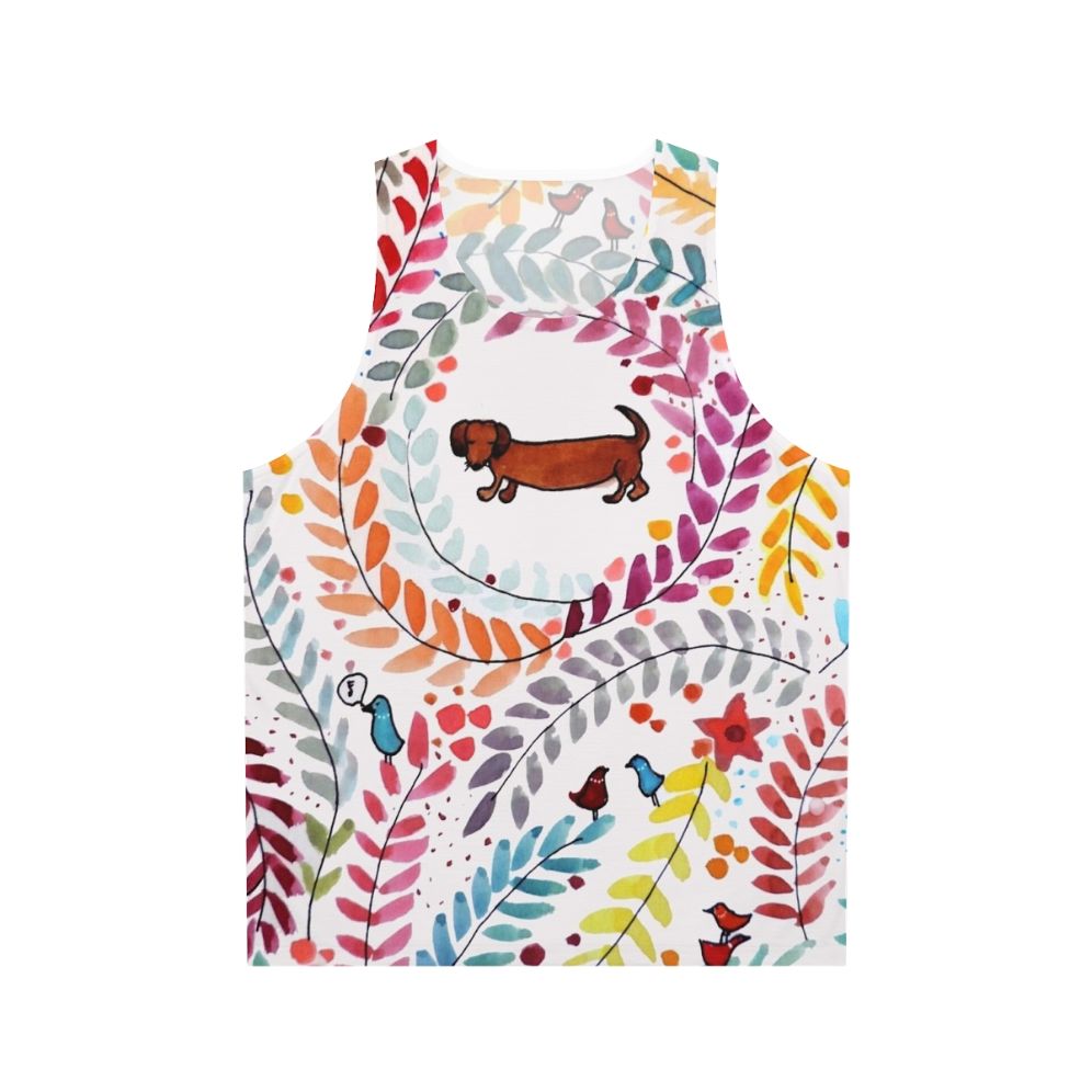 Dachshund-themed unisex tank top with colorful floral and bird pattern