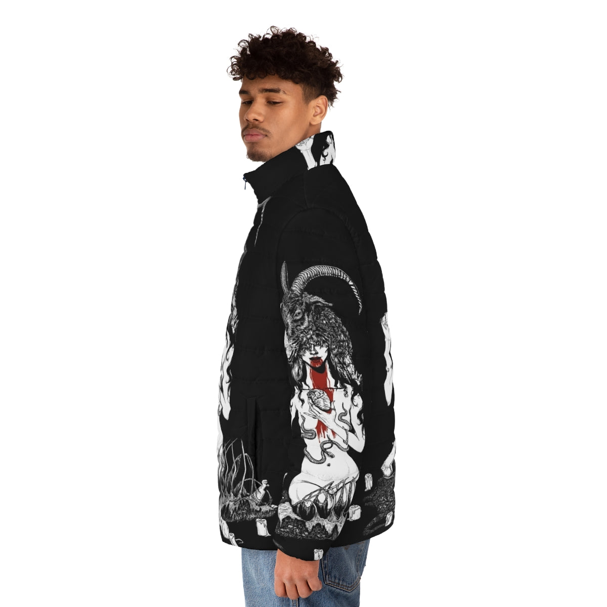 Satanic Baphomet puffer jacket with occult and horror design - men side left