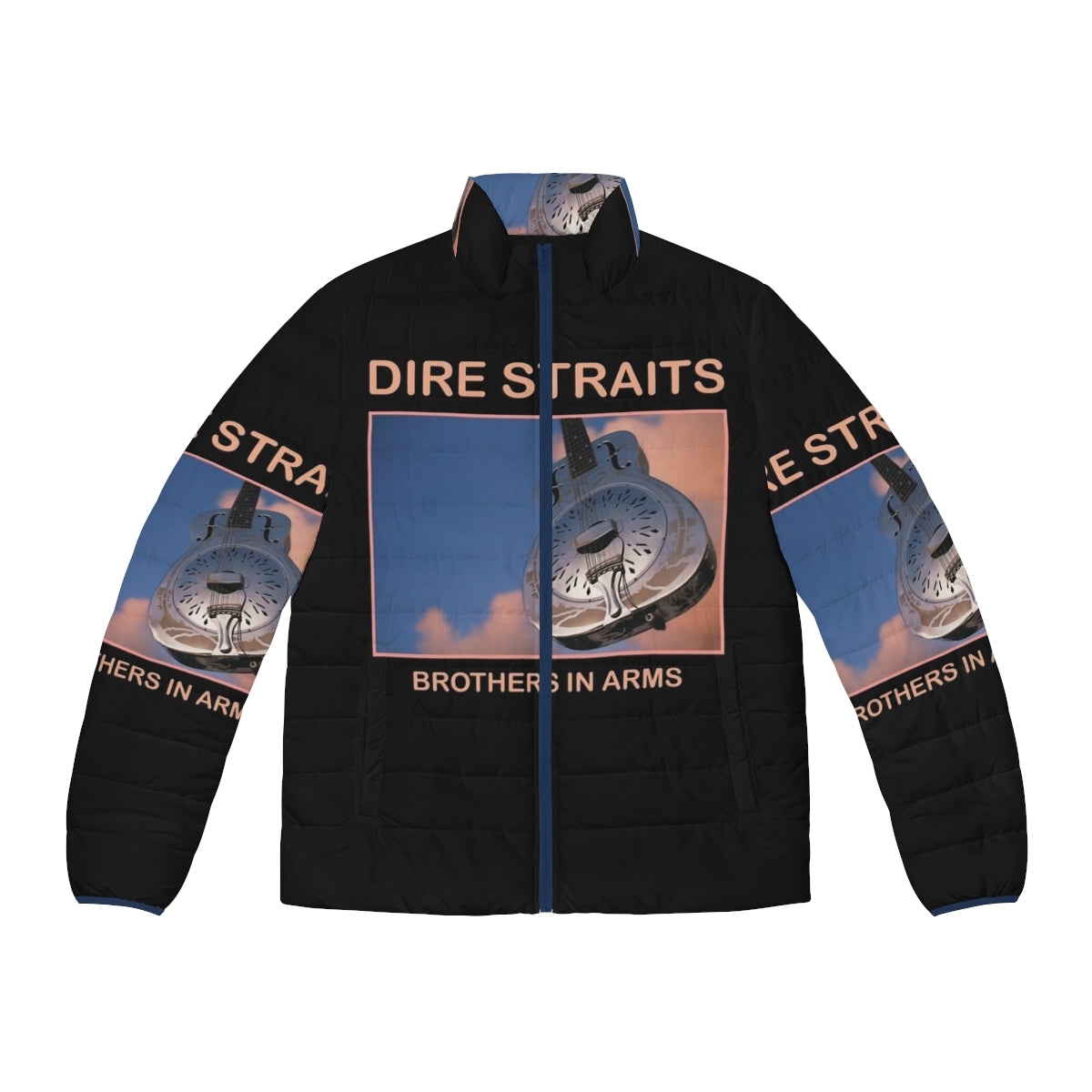 Dire Straits Puffer Jacket featuring the iconic band's logo and album artwork