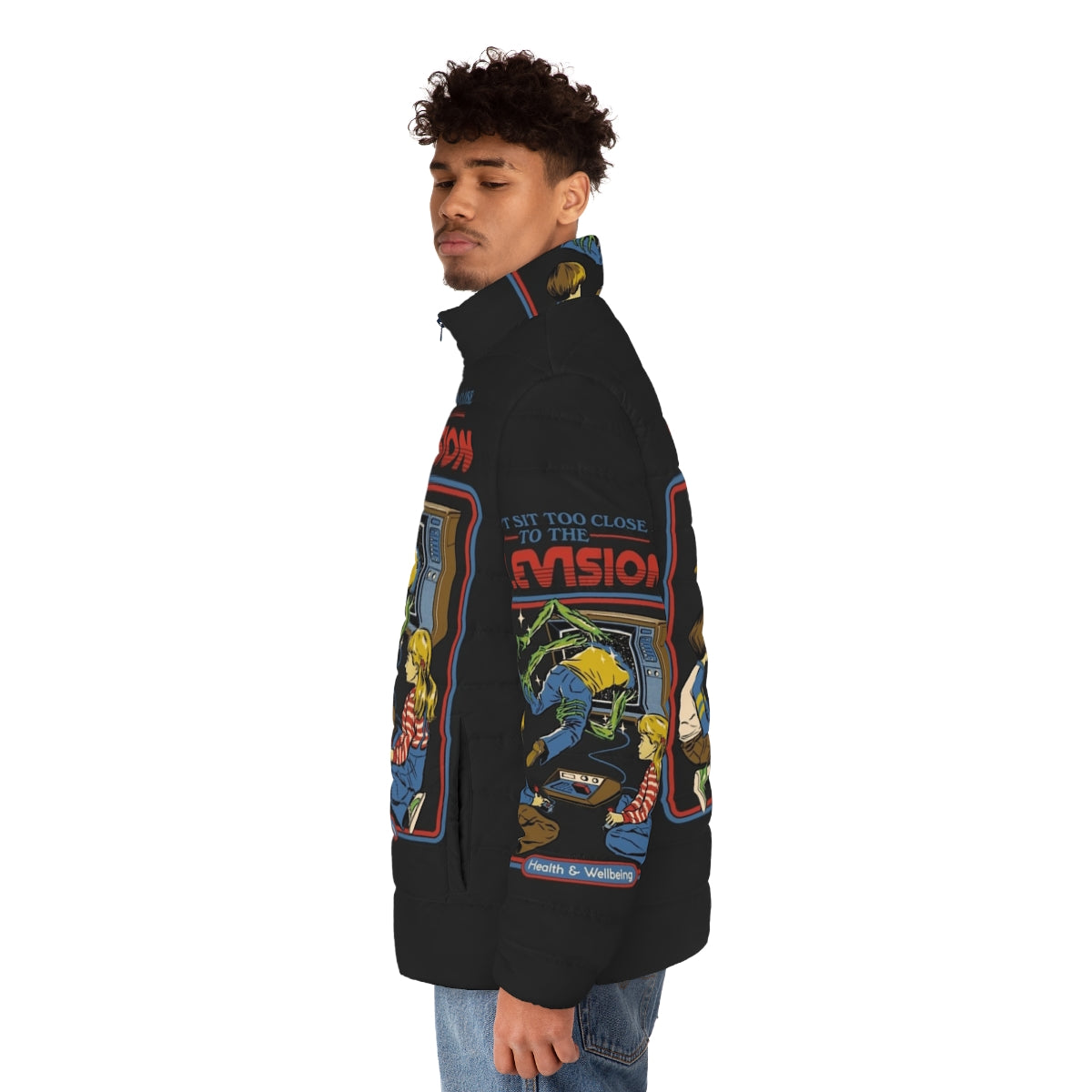 Retro gaming puffer jacket with horror-themed design - men side left