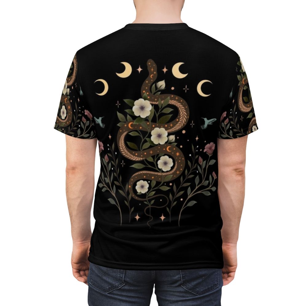 Illustration of a serpent in a night garden with moonlight, flowers, and botanical elements. - men back