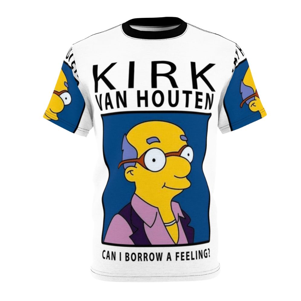 Graphic T-shirt design featuring the character Kirk Van Houten from the 90s TV show The Simpsons with the quote "Can I Borrow A Feeling?"