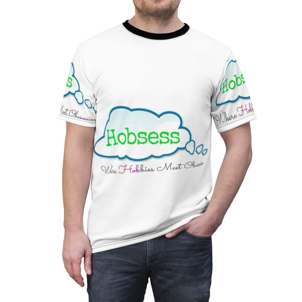 Person wearing a t-shirt with the design "Hobbies Meet Obsession" - men front