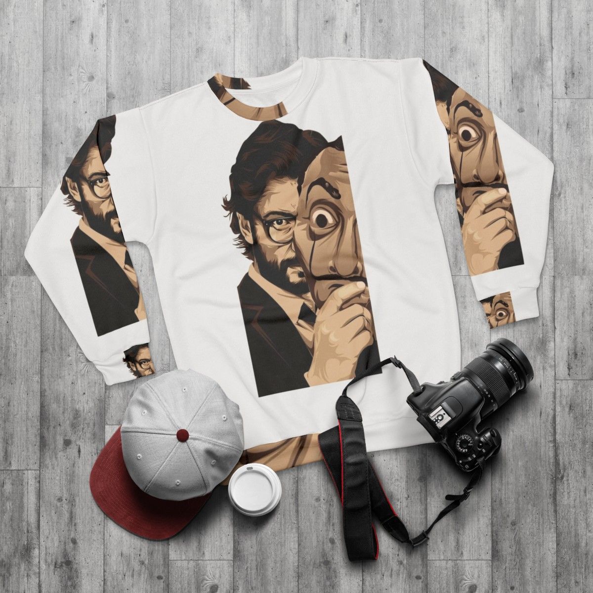 Money Heist Sweatshirt with the Professor and Dali Mask Design - flat lay