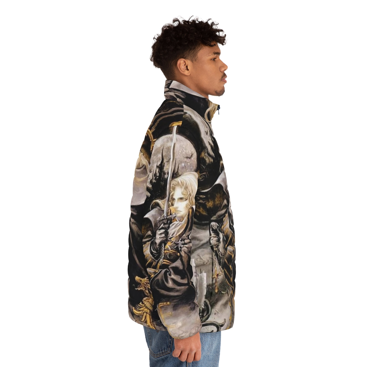 Castlevania inspired puffer jacket with gothic and video game design - men side right