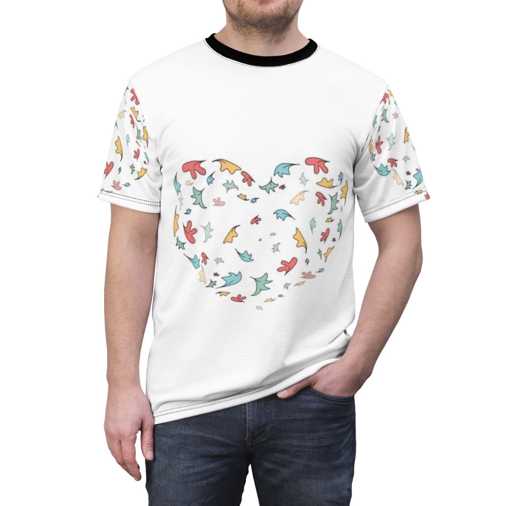 Heartstopper inspired art print t-shirt featuring leaves design - men front