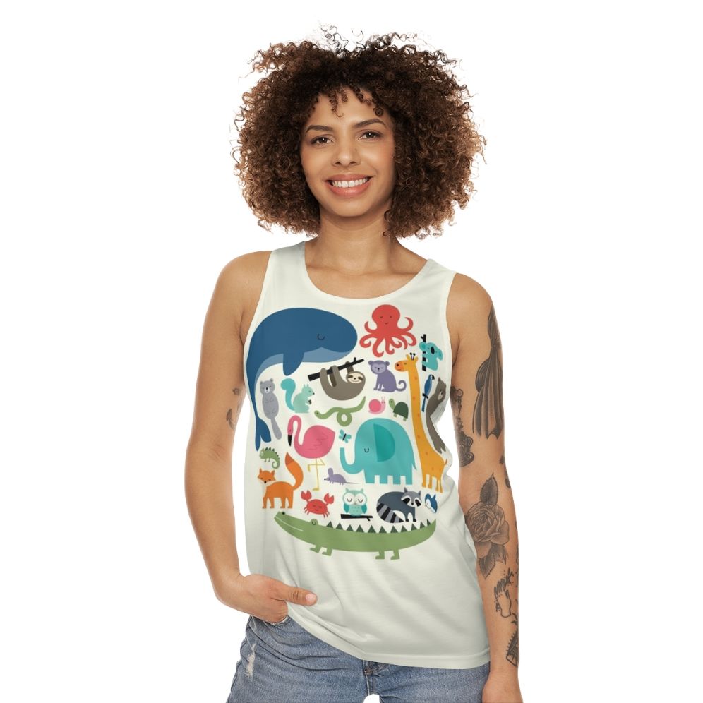 Unisex tank top with vibrant animal print design - women