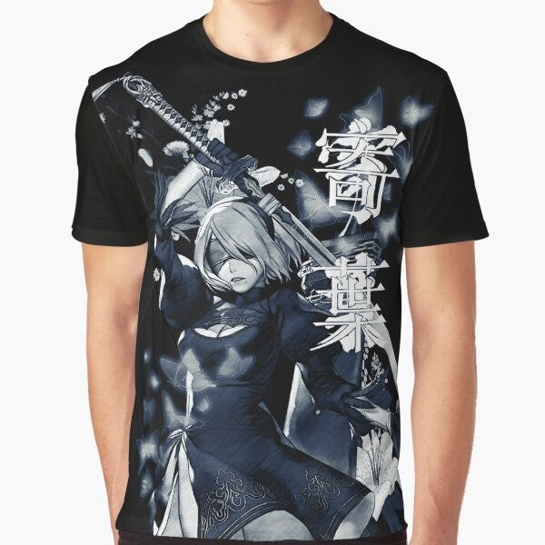 A fantasy-inspired graphic t-shirt featuring the Nier Automata character 2B in a floral and dark design.