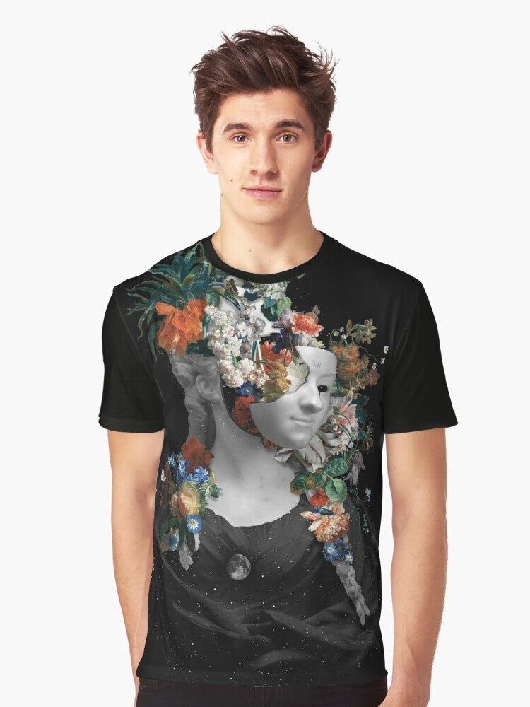 Surreal graphic design of a face with flowers, moon, and stars against a night sky on a spring t-shirt - Men