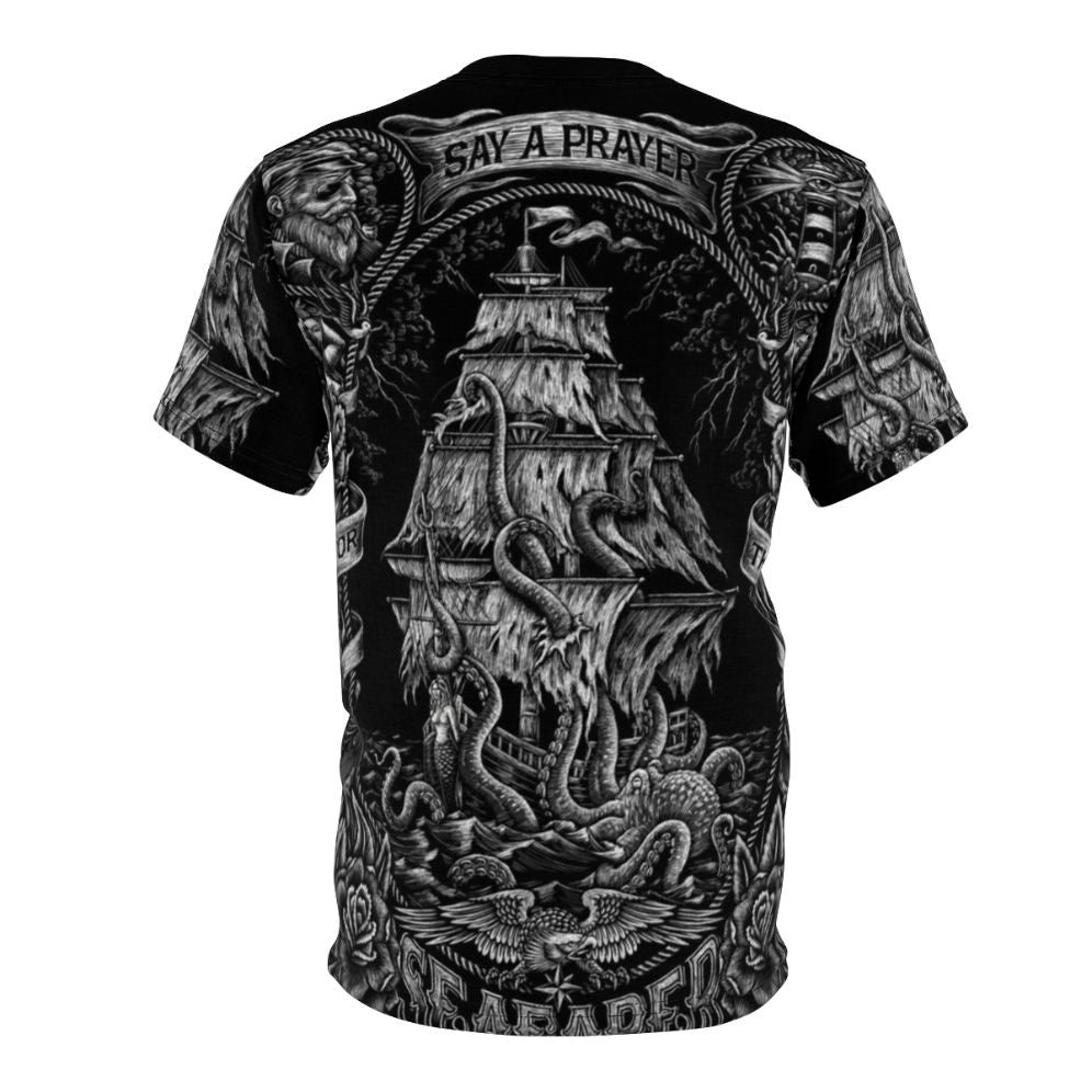 Vintage-style T-shirt with a hand-drawn illustration of a seafarer's prayer and nautical elements like an octopus and anchor. - Back