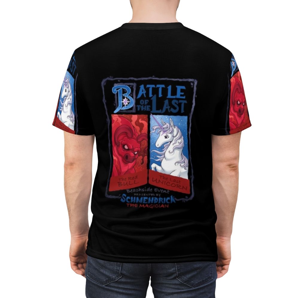 T-shirt featuring a mystical unicorn in a fantasy battle scene, inspired by the classic 80s cartoon "The Last Unicorn" - men back