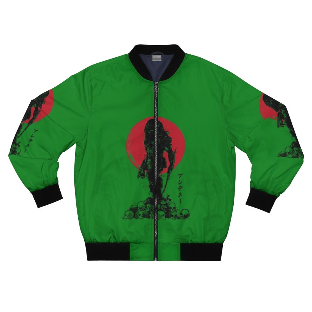 A bomber jacket featuring a Yautja Hunter sumi-e design, inspired by the Predator sci-fi franchise.