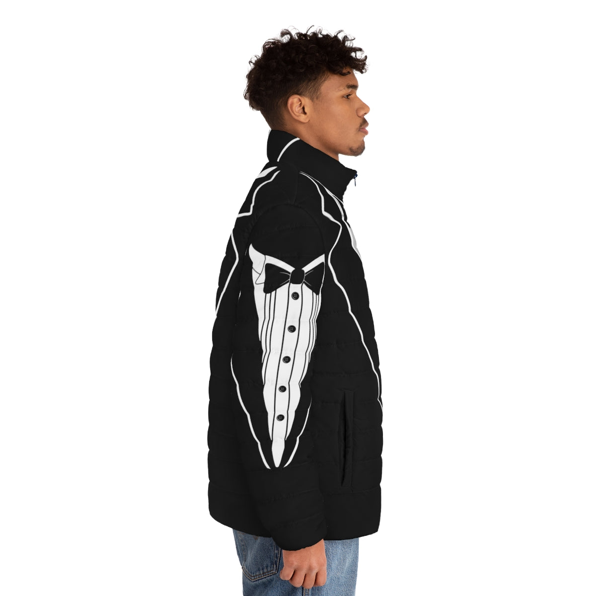 Tuxedo puffer jacket with a touch of Animal House frat style - men side right