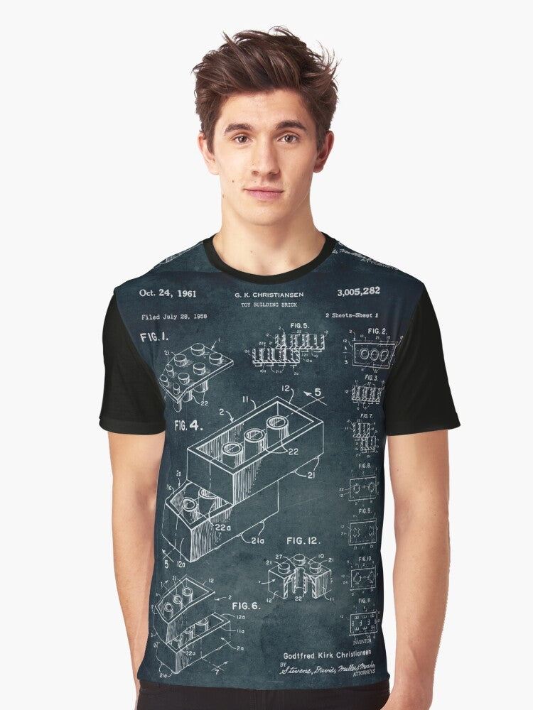 Vintage 1958 Building Brick Graphic T-Shirt featuring a blueprint-style design - Men