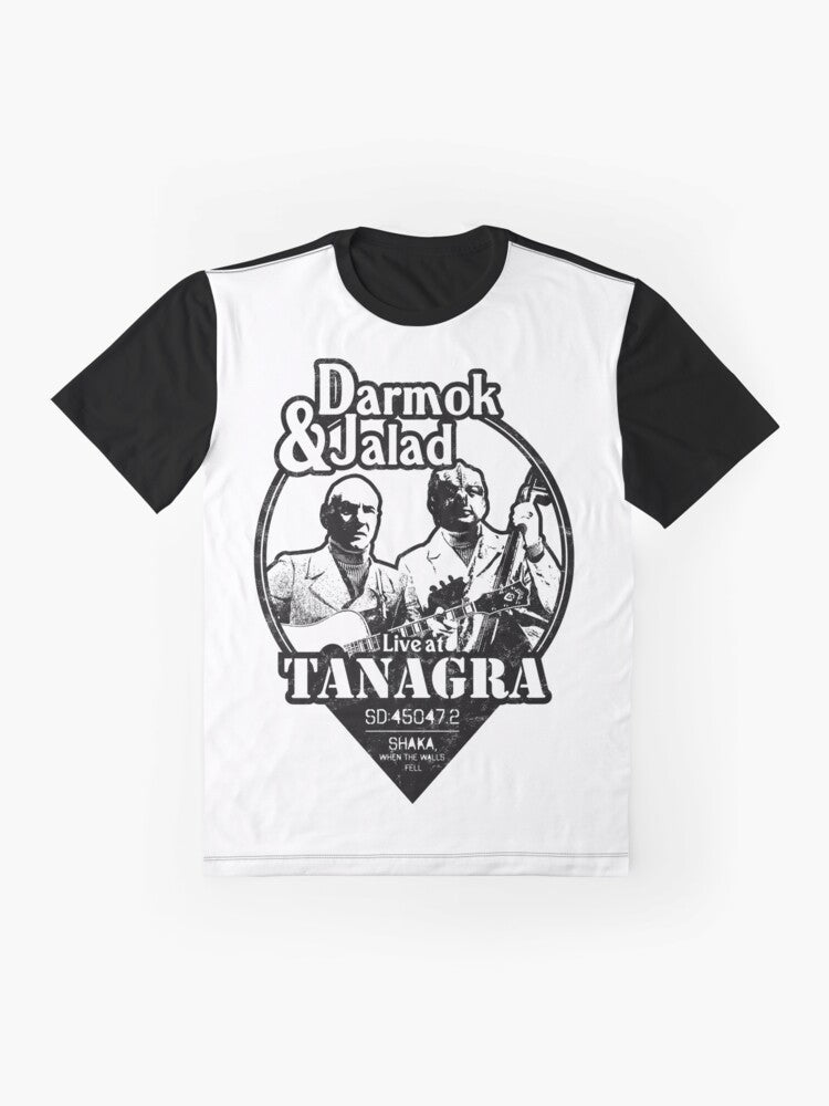 Darmok and Jalad at Tanagra! Star Trek inspired graphic t-shirt featuring the iconic reference to the episode "Darmok". - Flat lay