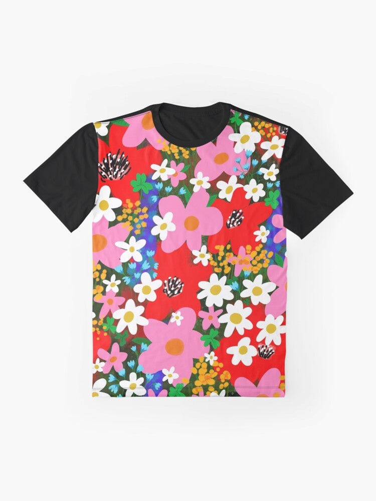 Colorful floral graphic design with flowers, daisies, and 1960s/1970s "flower power" style on a t-shirt. - Flat lay