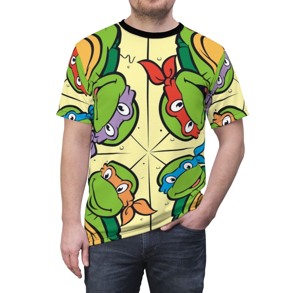 Retro-style t-shirt featuring a pizza-themed design inspired by the classic Teenage Mutant Ninja Turtles cartoon - men front